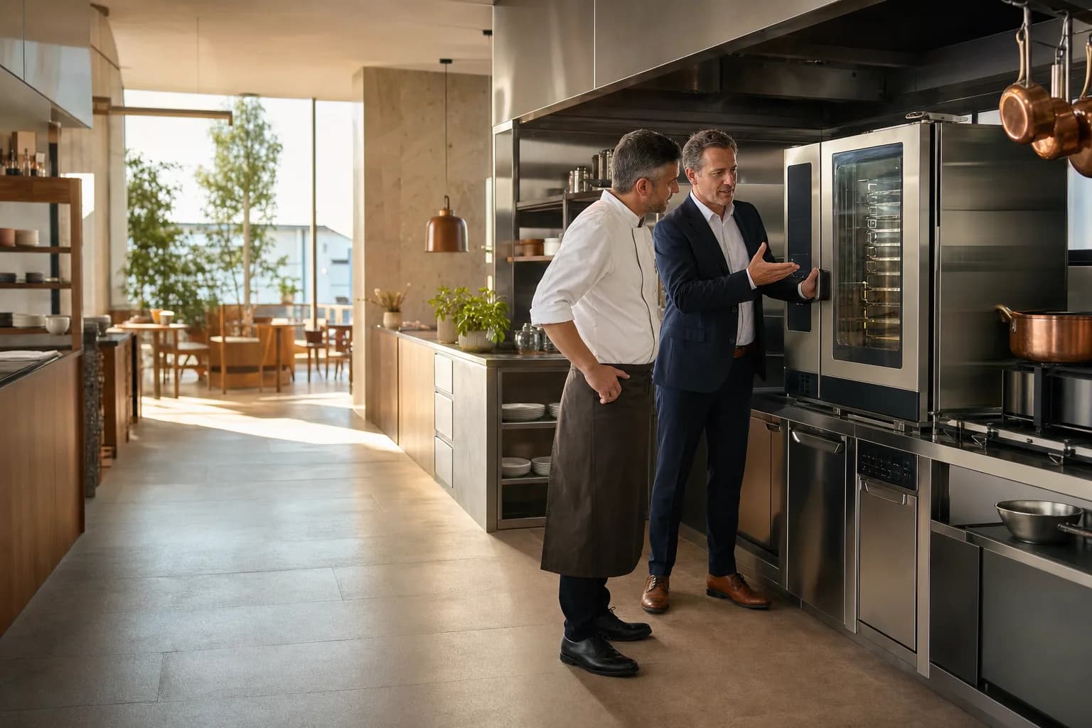 Gastronom und Fachhändler besprechen einen professionellen Kombidämpfer in einer modernen Großküche